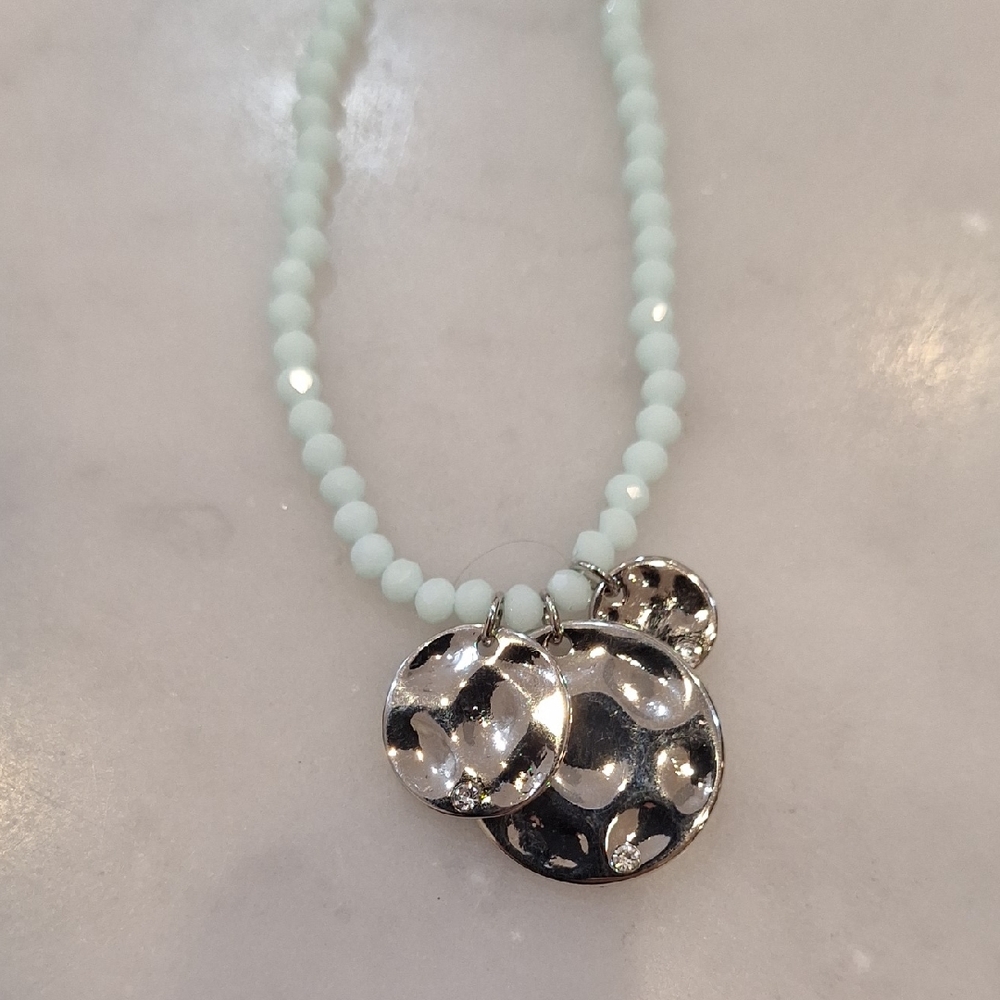New Silver Metal Pendant Necklace Light Blue Bead Accent 14" Length